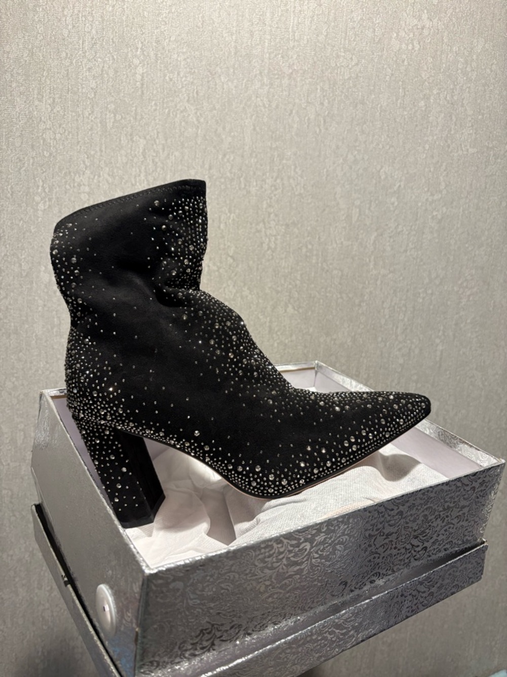 Black Rhinestone Suede Pointed Ankle Boots for Women